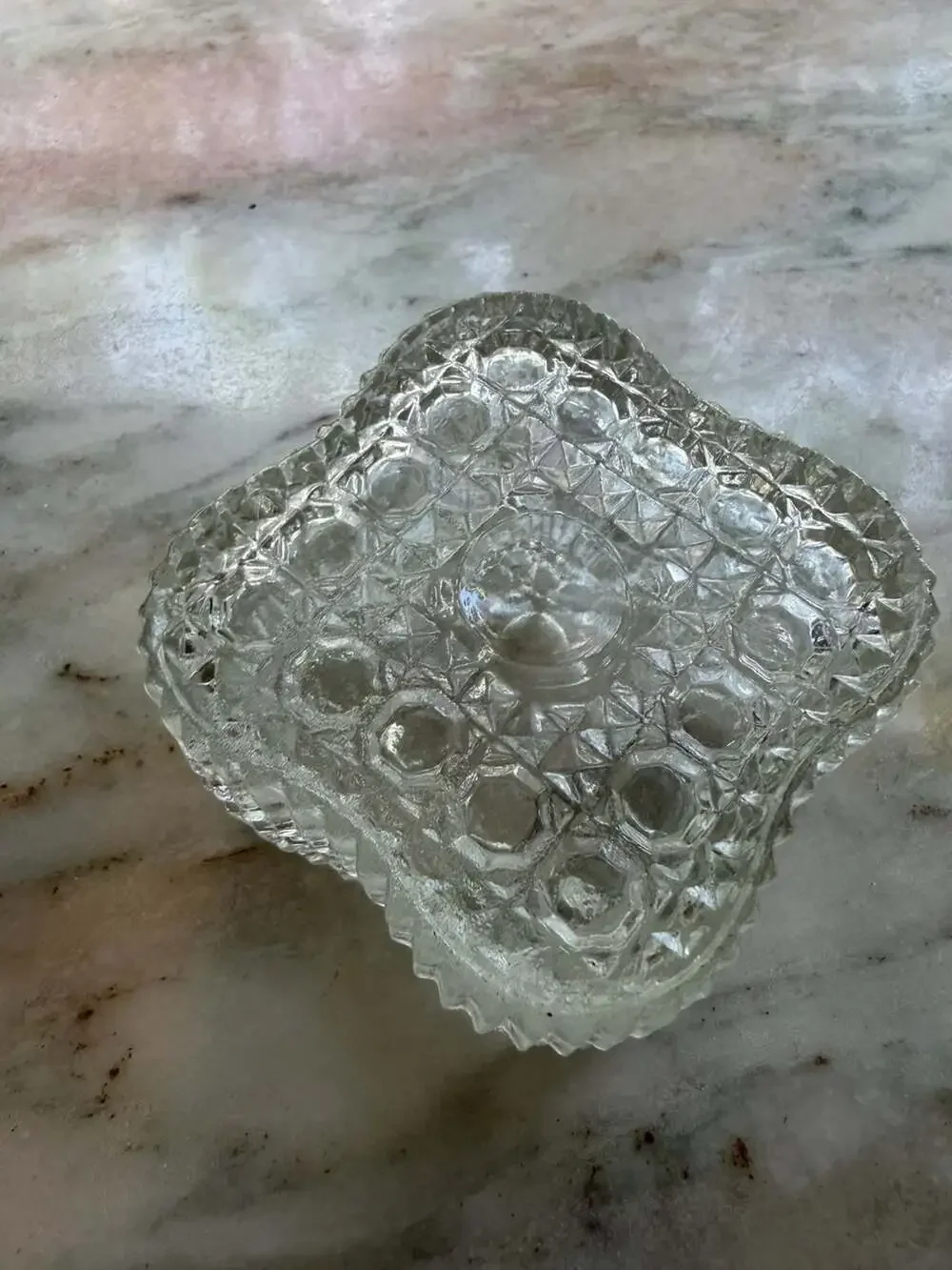 Vintage Pressed Glass Square Trinket Box with Geometric Pattern